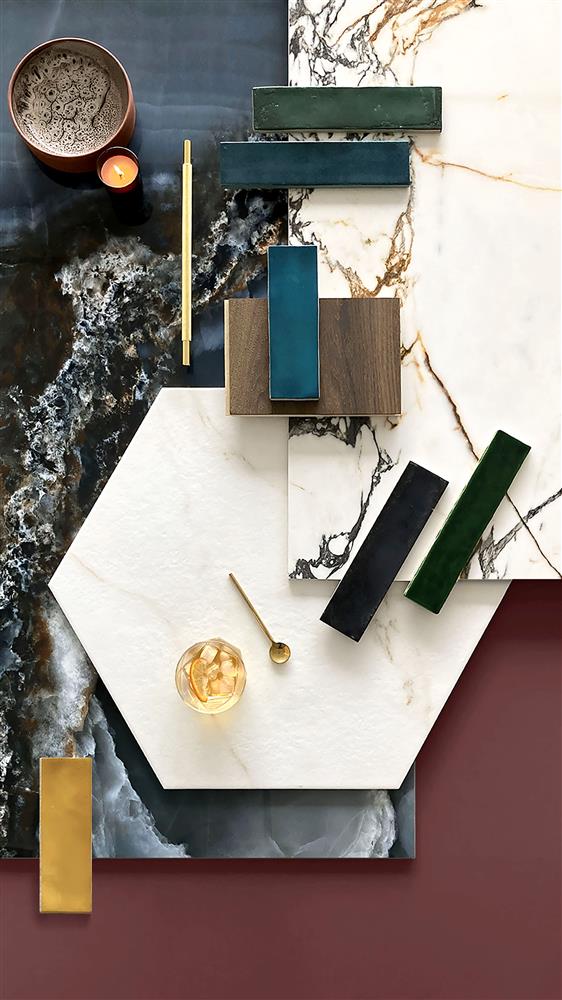 A sample set of Onice twilight blue, Sicilian gold, Vintage racing green, Valencia azure, Cavendish teal, Calacatta hex gold, heritage bottle green, Camden charcoal, and Cavendish mustard tiles